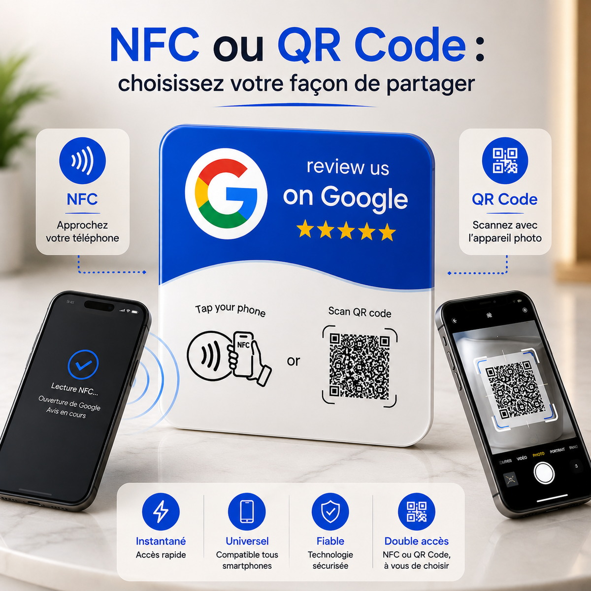 Plaque JUGEO avec technologie NFC et QR Code pour avis Google
