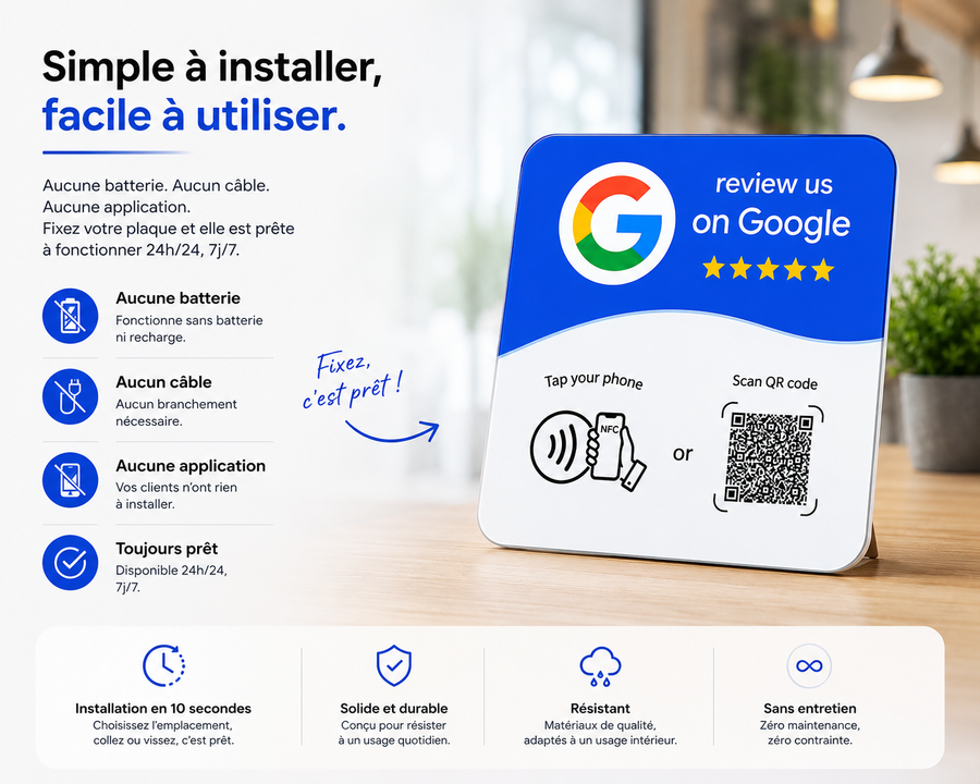 Client utilisant une plaque NFC JUGEO pour accéder aux avis Google