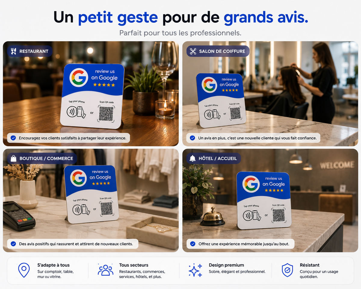 Plaque NFC JUGEO installée dans un commerce pour faciliter les avis Google